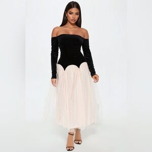 Crystaline Velvet Tulle Midi Dress - Black/Pink